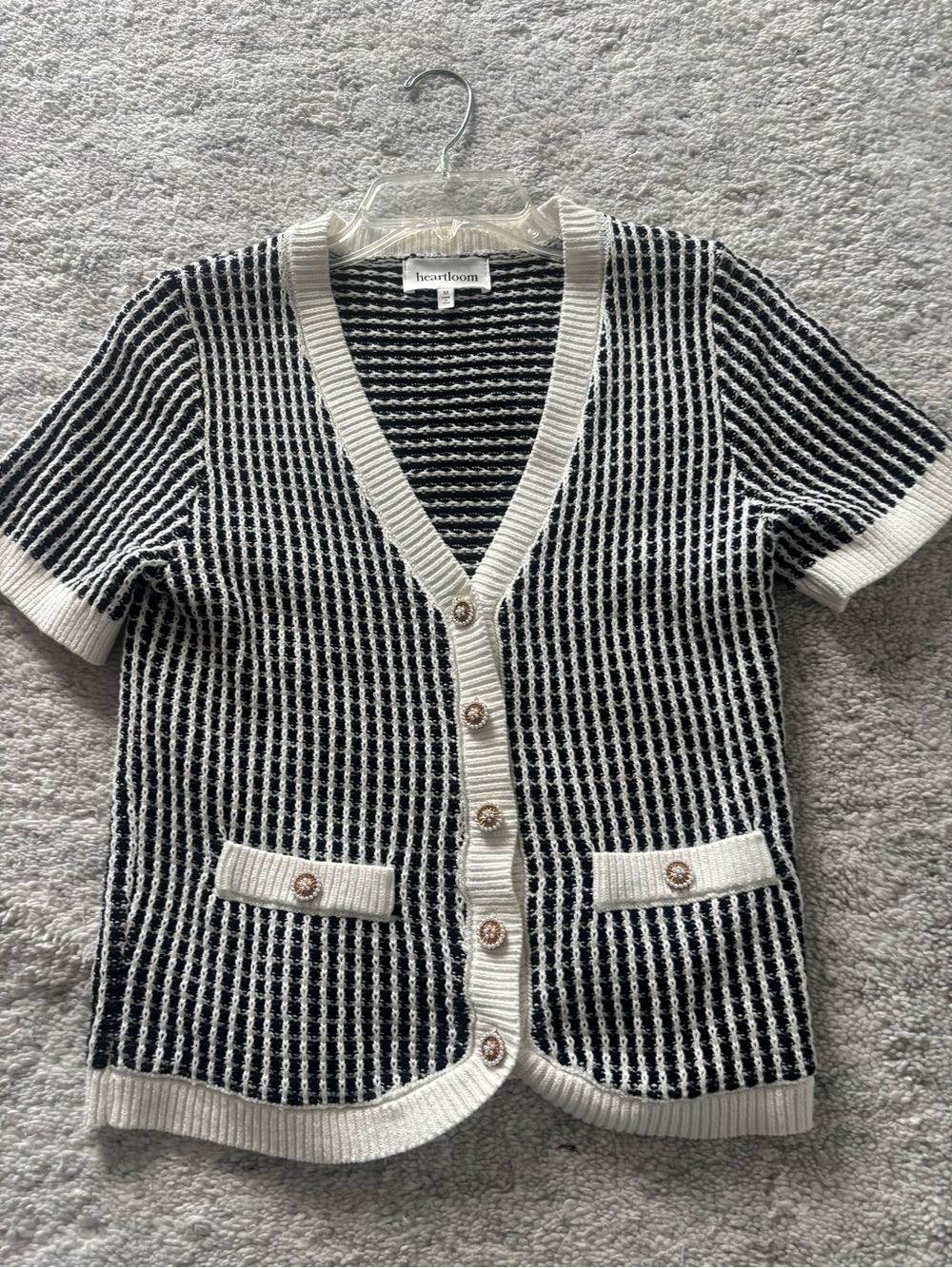 Heartloom Black & White Short-Sleeve Knit Cardigan with Cream Trim